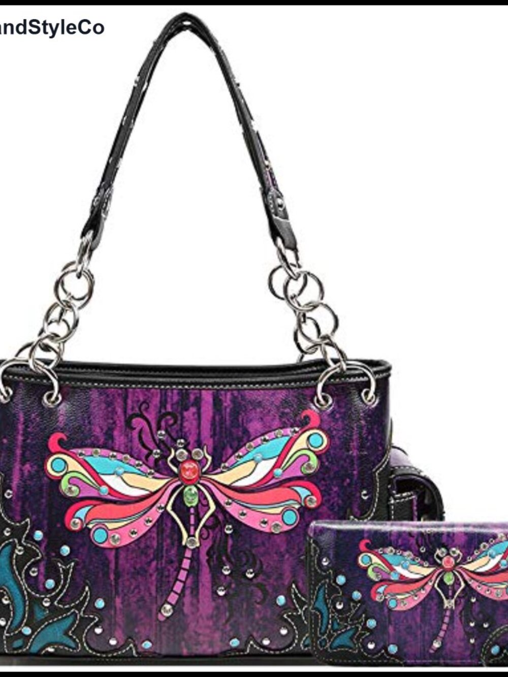 Rhinestone Studded Western Style Purse Vegan Leather Shoulder Bag Wallet Set